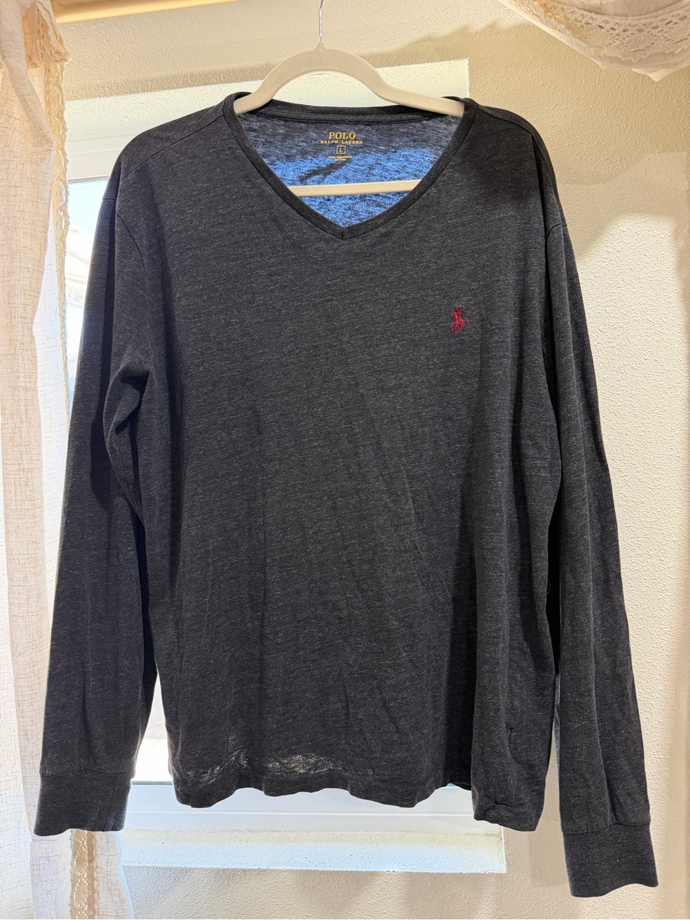 Polo Ralph Lauren Dark Charcoal V-Neck Long Sleeve Tee with Red Pony